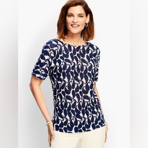 Talbots Blue Shadow Paisley Lightweight V-Back Linen Blend Short Sleeve Sweater - Picture 2 of 10